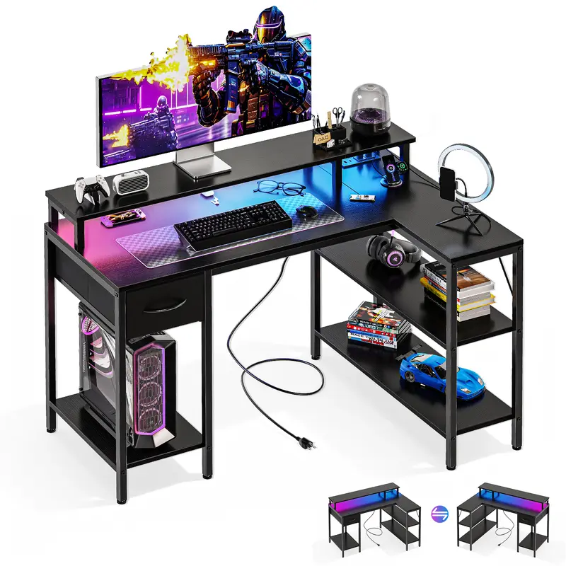 Sweetcrispy Reversible L-Shaped Gaming Desk with Metal Frame, MDF Surface - Office Furniture, USB+Outlets, RGB Lights, Monitor Stand, Shelf, Storage for Small Home Office Gamers