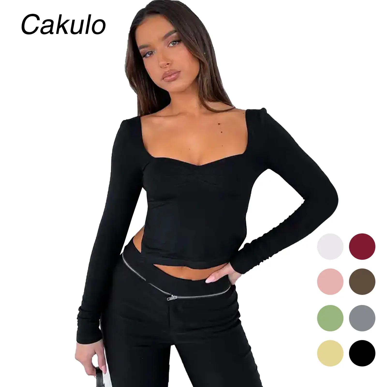 Cakulo 2026 Fashion Womenswear - Y2K Black Sweetheart Neckline Ruched Crop Top, Long Sleeve Fitted Blouse for Going Out & Casual Wear - Fitted Outfits Cropped