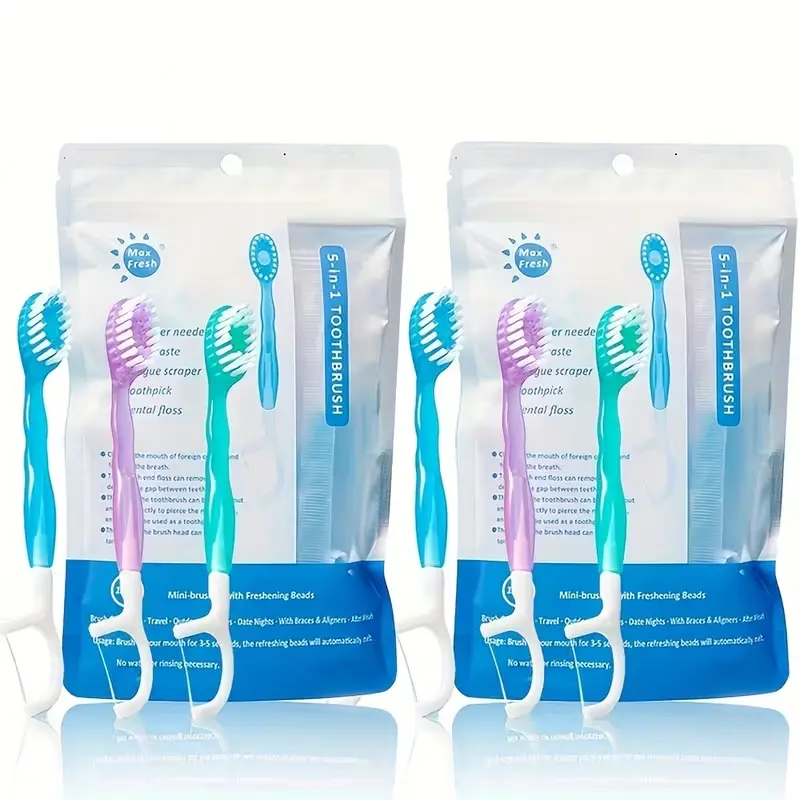 5-in-1 Disposable Mini Travel Toothbrush Set, 26 Pcs, Soft Bristle Oral Hygiene Kit with PP Floss, Tongue Scraper, Toothpick & Interdental Brush, Fruity Citrus Scent, Individually Wrapped for Travel & Business Trips, Fresh Breath
