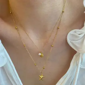 Necklace for Women,Layered Starfish Conch SeaShell Pearl Pendant Charm Necklace Stack Waterproof Dainty Beach Jewelry for Summer Vacation
