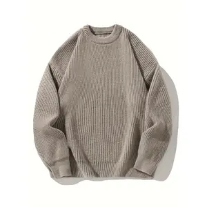 Thermal Men's Fashion Knit Sweater, Heavyweight Ribbed Texture, Solid Color, Casual Round Neck, Stretch Polyester, Regular Fit, Spring/Autumn Season, Knitted Outerwear