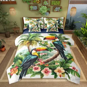 Exotic Birds Comforter Set Bed in a Bag,7 Pieces,Tropical Coconut Tree Bedding Set,(Comforter+Fitted+Flat Sheet+2 Pillowcases+2 Throw Pillow Covers)