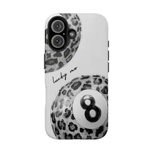 Lucky Me Leopard Print Pool Balls Tough Phone Case for iPhone 11, 12, 13, 14, 15, 16, 17 Pro Max Plus. Black & White Aesthetic, Shockproof Heavy Duty Protective Cover with Trendy 8 Ball Design.