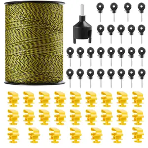 VEVOR Electric Fence Wire, 1640Ft 500M Portable Polywire, 1/8" Diameter 6 Stainless Steel Strands, Fencing Rope Line with 25 Fence Insulators and 25 T-post Insulators, for Horse, Cattle, Livestock