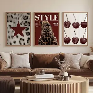 Set of 3 Leopard Wall Art Print, Maximalist Gallery Y2k Poster, Style Fashion Magazine Cheetah Decor, Cherry Red Decor Dorm Apartment