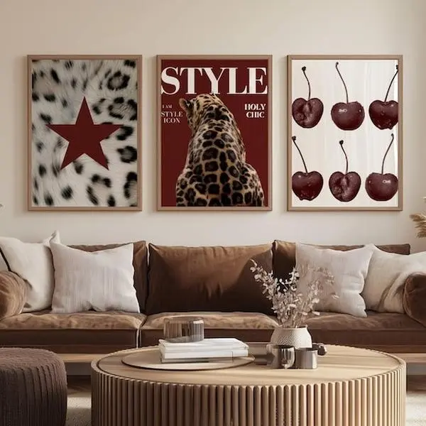 Set of 3 Leopard Wall Art Print, Maximalist Gallery Y2k Poster, Style Fashion Magazine Cheetah Decor, Cherry Red Decor Dorm Apartment