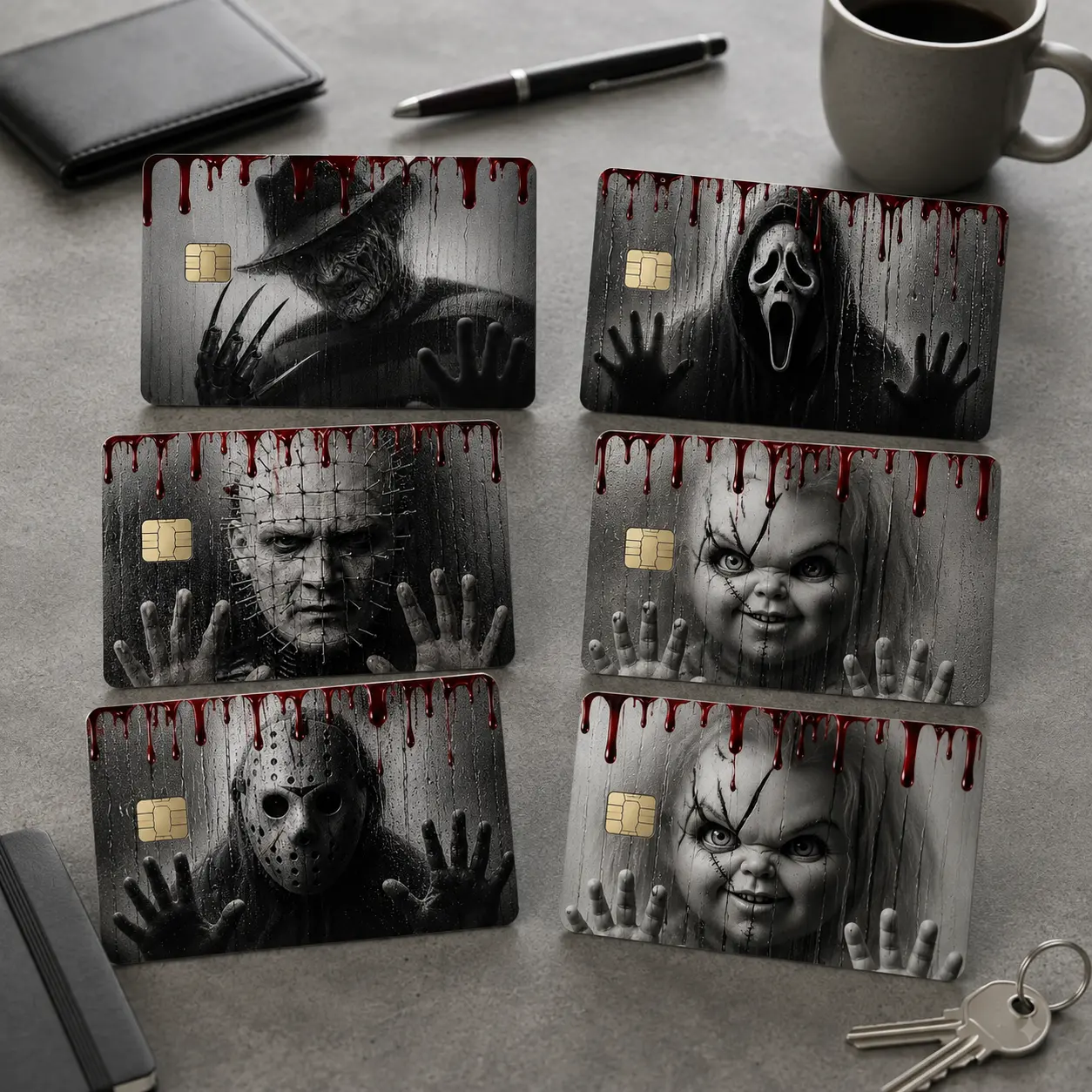 Classic Horror Movie Killer Credit Card Skin, Bloody Foggy Glass Debit Card Cover, Creepy Slasher Villain Sticker, Spooky Halloween EBT Metro Pass Decal