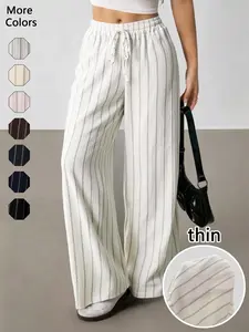 Women's Striped Waist Straight Leg Loose Casual Pants Summer Thin Breathable, Fitted H-Type Trousers, All Seasons Fashion