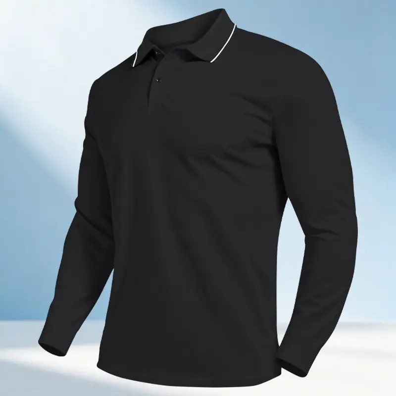 Men's long-sleeve polo shirt in slightly stretchy cotton fabric; a minimalist, retro-style casual piece suitable for golf, smart-casual settings, daily wear, and outdoor activities. Solid-color design; ideal for spring and autumn.