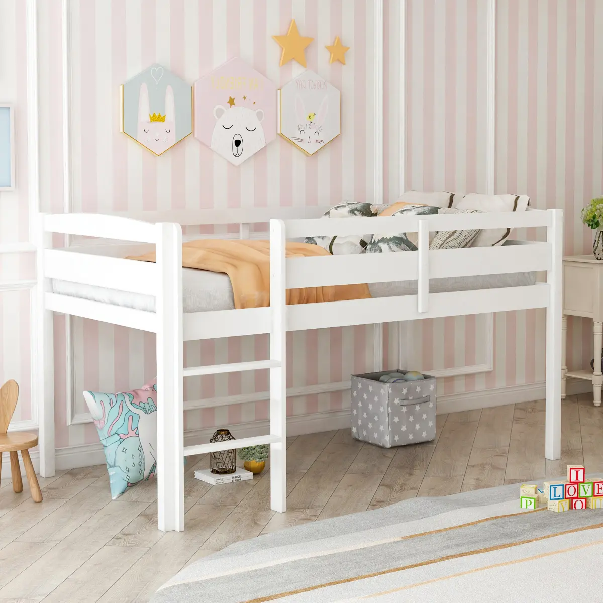 Bellemave Twin Wood Low Loft Bed |   Safety Guardrails & Ladder |   Large Space Under the Bed |   Easy Assembly