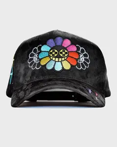 Innedit Muratravis Rainbow Flower Streetwear Cap – Distressed Black Curved Brim Baseball Hat with Multicolor Smiling Flower Embroidery, Urban Fashion Casual Hat for Men & Women Street Style Lovers