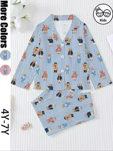 Cute Bear Print Fire Retardant Fabric Pajama Set, Casual Long Sleeve Button Front Top and Loose Elastic Pants, All Seasons