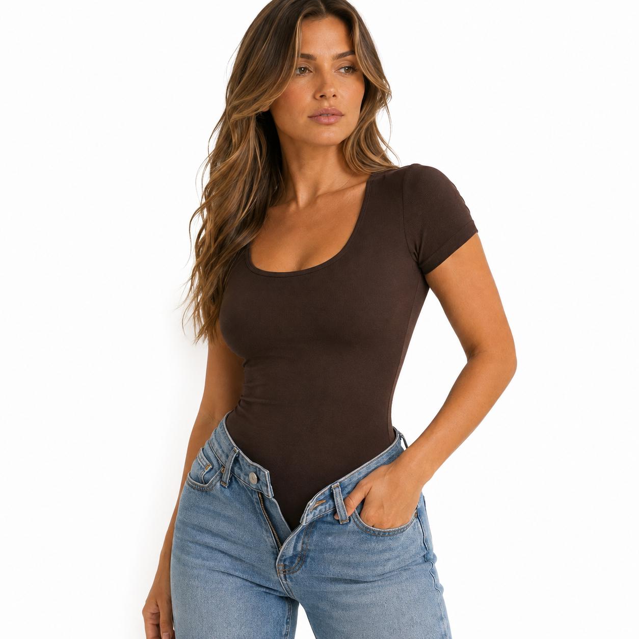 ZAVO Women’s Seamless Nylon Blend Corset Bodysuit, Square Neck Short Sleeve Tops, T-Back, Body-Shaping Cinched Waist Shapewear, Stretchy Curve-Friendly Fit Womenswear Brown Summer Compression Fabric Basic Black Minimalist