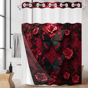 1PC 2D Flat No Hooks Double Layer Shower Curtain, Red Rose Embossed Print Waterproof Fabric, Gothic Retro Home Decor, Accessories for Hotel, Dormitory & Home Bathroom, Clear Top Window & Detachable Snap-In Liner, Room Divider,71"×74, Bathroom Accessory