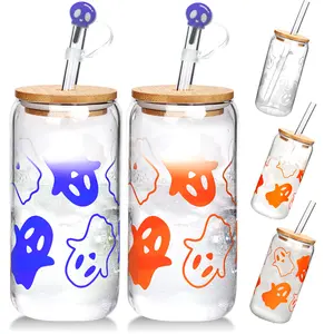 18oz Color Changing Ghost Glass Cups Tumbler Party Supplies Glass Bottles with Lids Glass Water Bottle Gifts for Women, Reusable Straw Halloween