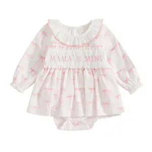 Baby Girl Fall Romper Dress Long Sleeve Ruffled Letter Embroidery Bow Print Jumpsuit