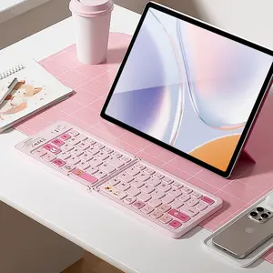 Mofii Foldable Bluetooth Connectivity Keyboard, Portable Compact Travel Keyboard, Rechargeable, Compatible with Windows, Android, iOS & Mac OS, Cartoon Theme, Pink, Foldable Design