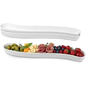 Olive Plates 3-Pack 17" - White Porcelain Long Arc Boat Trays, Ceramic Appetizer Platter for Charcuterie, Snacks, Entertaining, Dishwasher Microwave Oven Safe