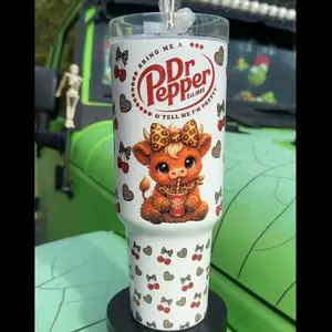 Dr Pepper Tumbler 40oz Stainless Steel Handmade Lid Straw Bottle Drinkware Water Bottles Cup Mug Portable Bottled Washable Reusable Insulated Flasks Travel Highland Cow Trending