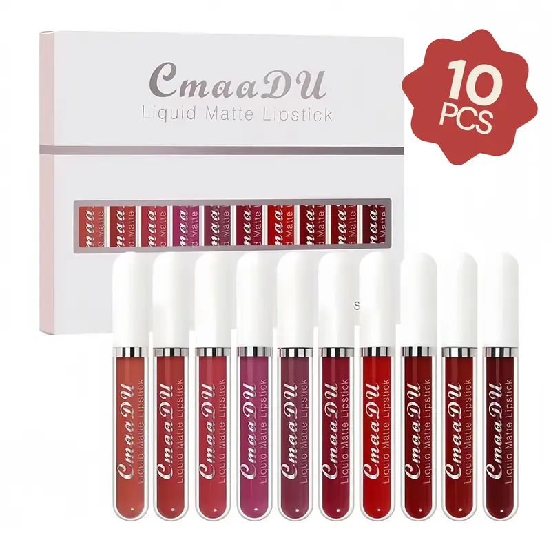 10-Pcs Liquid Matte Lipstick & Lip Gloss Set, Waterproof, Non-Sticky, Moisturizing, Transfer-Proof Makeup, Lip Care Product with Assorted Shades, Hydrating, Suitable for All Skin Types, Cosmetic Moisturizer