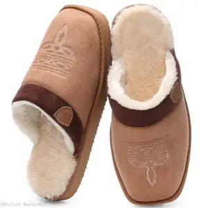 Cowboy Boot Slippers for Men Western House Slippers Indoor & Outdoor Square Toe Chestnut Soft Faux Fur Lining Durable Cotton Fabric Flat Footwear ABVelvet Wardrobe7