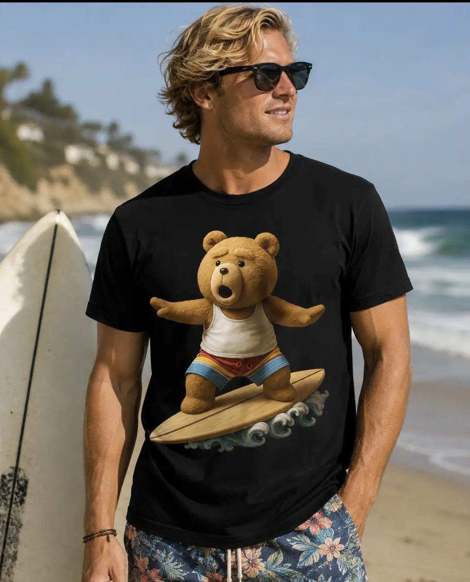 Men's Short-Sleeve Surfing Teddy Bear Graphic T-Shirt Casual Cotton