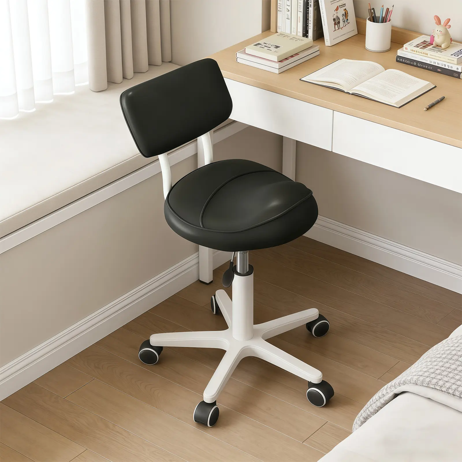 【Summer Sale】Grey Ergonomic PU Leather Saddle Rolling Chair - Curved Foam Thick Padded Seat, Durable Back & Neck Support, 360-Degree Swivel Wheels, Height-Adjustable, 280 lbs Capacity for Hair Salon, Office, Posture Fix