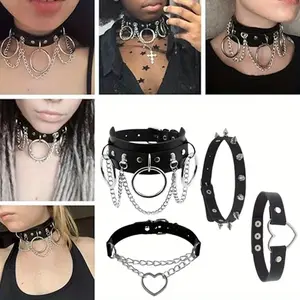 4 Pcs Rock Punk Necklace PU Leather Choker Collar Necklace Adjustable Jewelry Party Costume Accessory Chocker Fashion Accessories