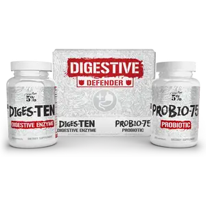 5% Nutrition Digestive Defender Probiotic & Enzyme Duo Dietary Supplement - 75B CFU, Full-Spectrum Digestive Enzymes, Prebiotic Fiber, Lactobacillus Complex, Natural Herbs, 2-in-1 Fitness Gut Health Support, 60 Capsules