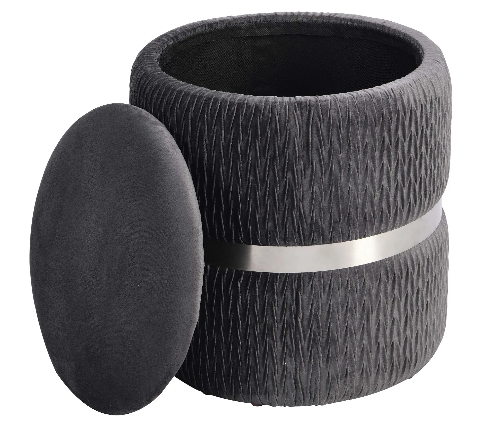 Techni Mobili Gray Velvet Round Ottoman with St orage Techni Mobili Gray Velvet Round Ottoman with St orage