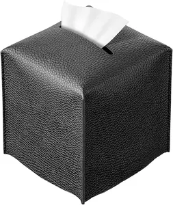 Tissue Box Cover – PU Leather Square Tissue Holder with Bottom Belt Modern Stylish Organizer for Bathroom, Bedroom, Hotel, Office Desk 5"X5"X5"