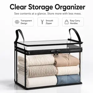 Clear Storage Organizer Bag with Handles, Transparent Clothes Storage Bin with Zipper, Foldable Closet Organizer for Blankets, Sweaters, Bedding, Linens, Seasonal Clothes