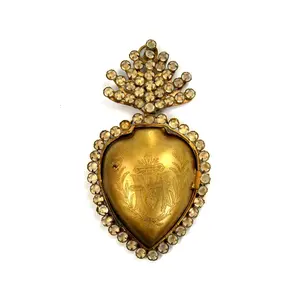 6" Rhinestone Sacred Heart Ex Voto Locket Ornament Antiqued Gold Milagro