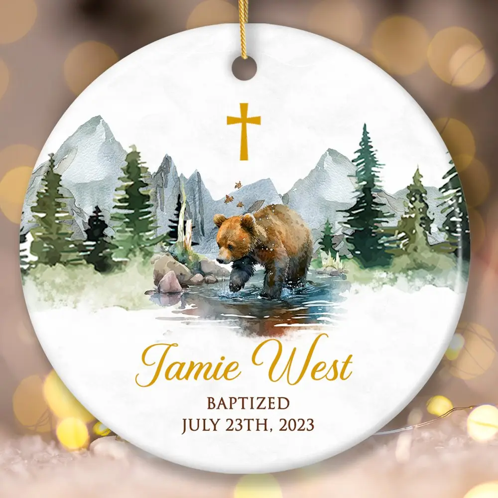 Personalized Baptism Keepsake Ornament for Godson, Watercolor Bear Custom Christening Gift for Goddaughter
