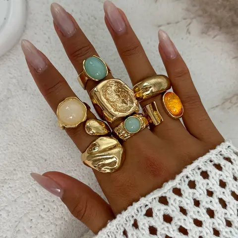 7 Pieces Women's Vintage Fashion Geometric Design Ring Set, Fashion Rings, Bold Metal Statement Multi Ring, Perfect for Daily Wear & Party, Fashionable Jewelry Gifts #GLOBAL PICKS
