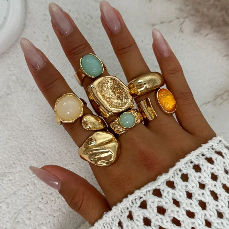 7 Pieces Women's Vintage Fashion Geometric Design Ring Set, Fashion Rings, Bold Metal Statement Multi Ring, Perfect for Daily Wear & Party, Fashionable Jewelry Gifts #GLOBAL PICKS