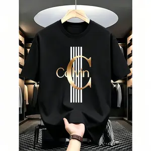 100% Cotton Fabric Men'S Casual Calvin Graphic T-Shirt - Bold Letter Print with Black Stripes & Golden Accents, Breathable Round Neck Summer Streetwear, Machine Washable, Comfortable Everyday Fashion Tee, Tshirt Bold Letter Print Comfortable Fit,