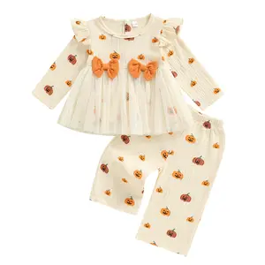 Kids Newborn Girl Halloween Outfits Pumpkin Print Long Sleeve Tulle Hem Tops Elastic Waist Pants 2 Pcs Toddler Fall Winter Set