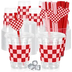 50Pcs Valentine's Day Cups with Lids Drinking Cup 12oz Pink Red Checkered Heart Disposable Cups for Wedding Anniversary Valentine