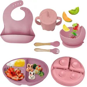 Baby Feeding Set,6 Piece，Baby Led Weaning Supplies with Suction Bowl Divided Plate, Toddler Self Feeding Dish Set with Spoons Forks Sippy Cup Adjustable Bib, Eating Utensils for 6+ Months Food Cute
