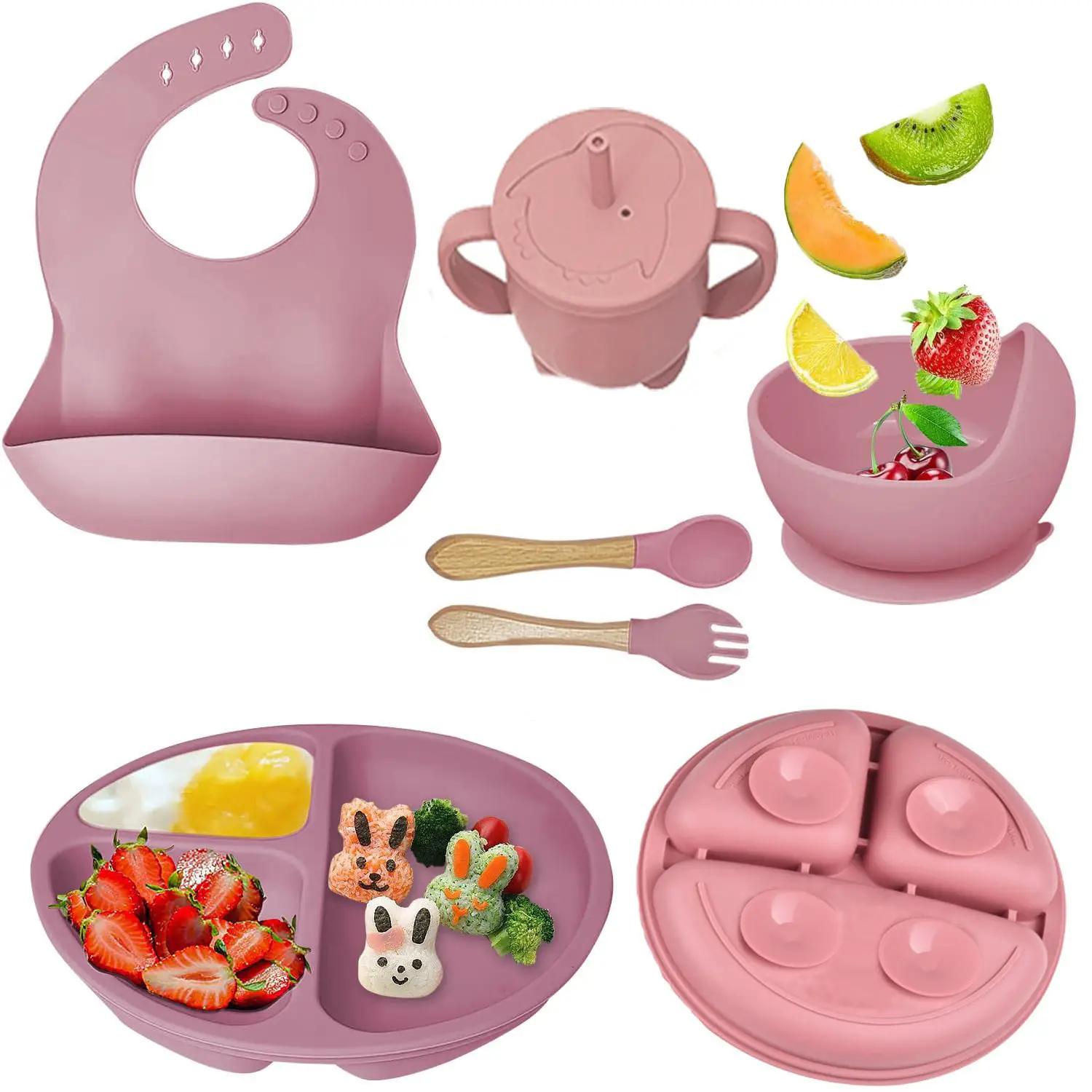 Baby Feeding Set,6 Piece,Baby Led Weaning Supplies with Suction Bowl Divided Plate, Toddler Self Feeding Dish Set with Spoons Forks Sippy Cup Adjustab