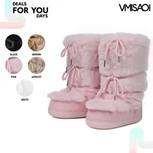 Womens Faux Fur Boots Mid Calf Round Toe Platform Heel Lace Up Fuzzy Warm Comfortable Trendy Fashion Party Dress Vacation Trendy Fluffy Plush Booties Deals For You Days