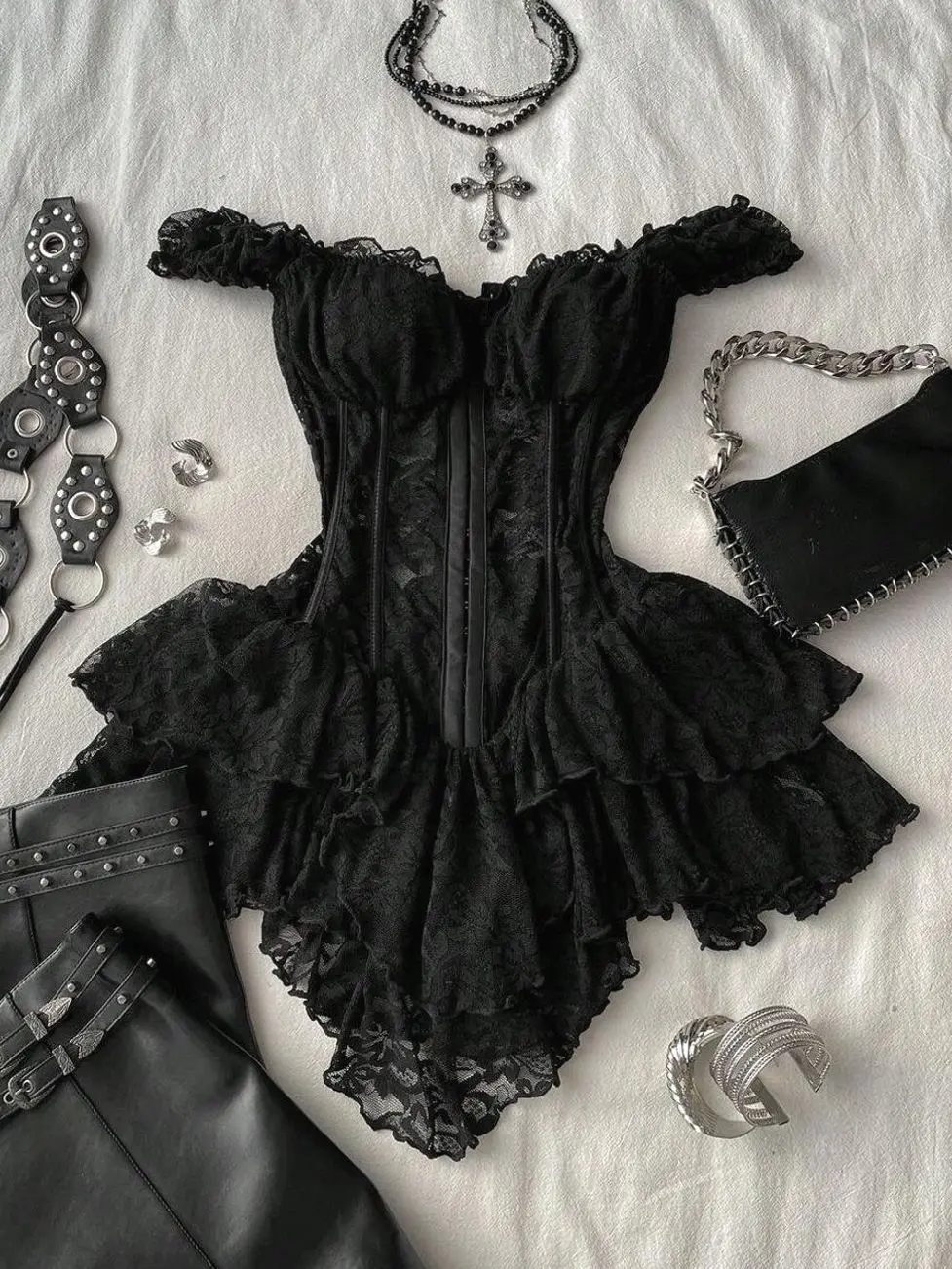 Attitoon Women's Black Summer Goth Corset Lace Bodycon Mini Dress,Vintage Y2K Asymmetrical Hem Elegant Party & Casual,Night Club Music Festival Outfits