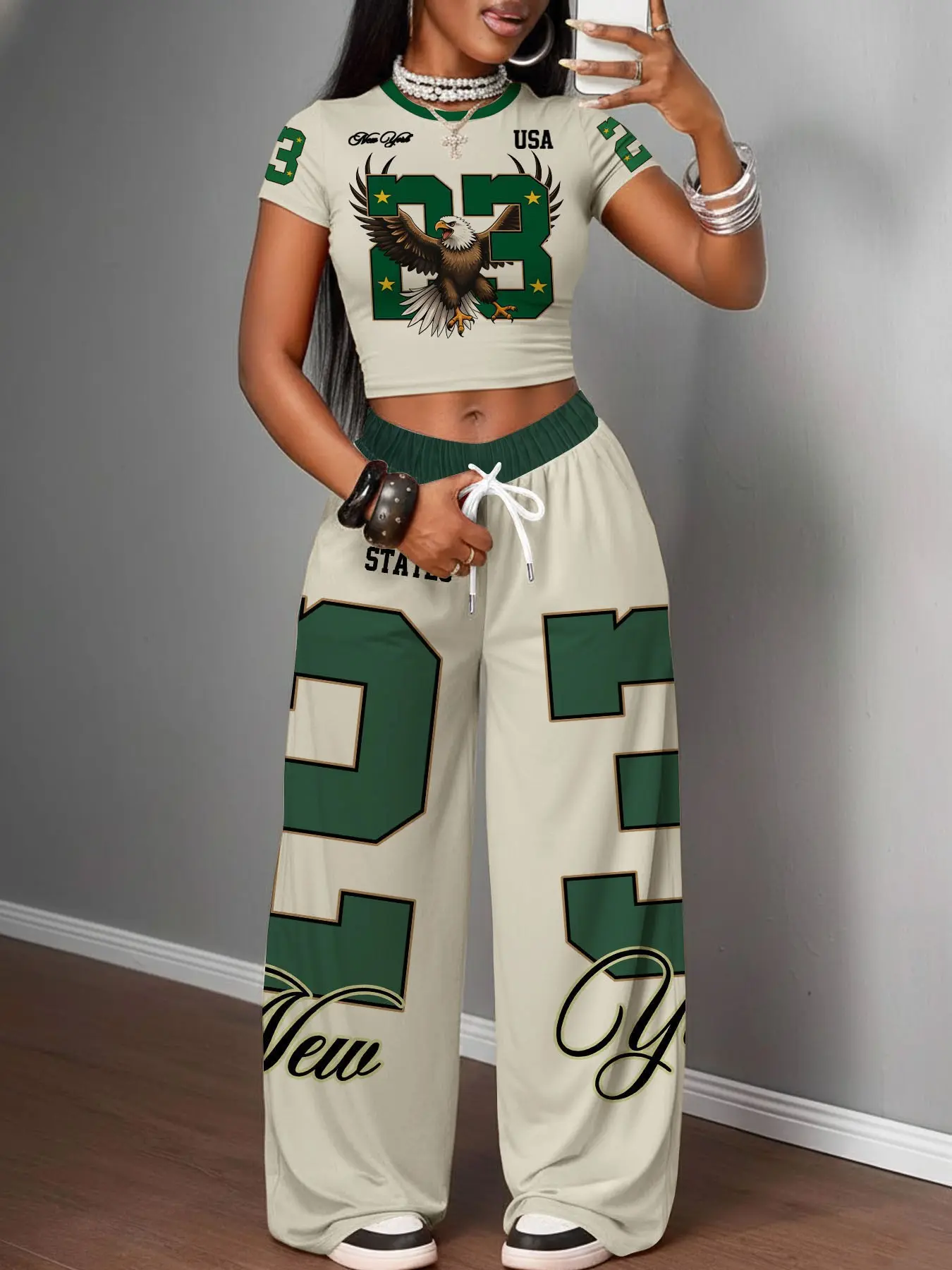 Women's Y2K Style Two-Piece Set, Eagle Number Print Top + Wide Leg Pants, Streetwear Fashion, Casual, Athletic, Activewear, Short Sleeve, Round Neck, Sporty Look, Clothes, Printed Pants Set