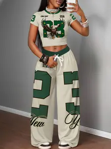 Women's Y2K Style Two-Piece Set, Eagle Number Print Top + Wide Leg Pants, Streetwear Fashion, Athletic, Short Sleeve, Round Neck, Sporty Look