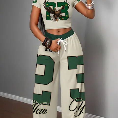 Women's Y2K Style Two-Piece Set, Eagle Number Print Top + Wide Leg Pants, Streetwear Fashion, Casual, Athletic, Activewear, Short Sleeve, Round Neck, Sporty Look, Clothes, Printed Pants Set, Two Piece Outfits
