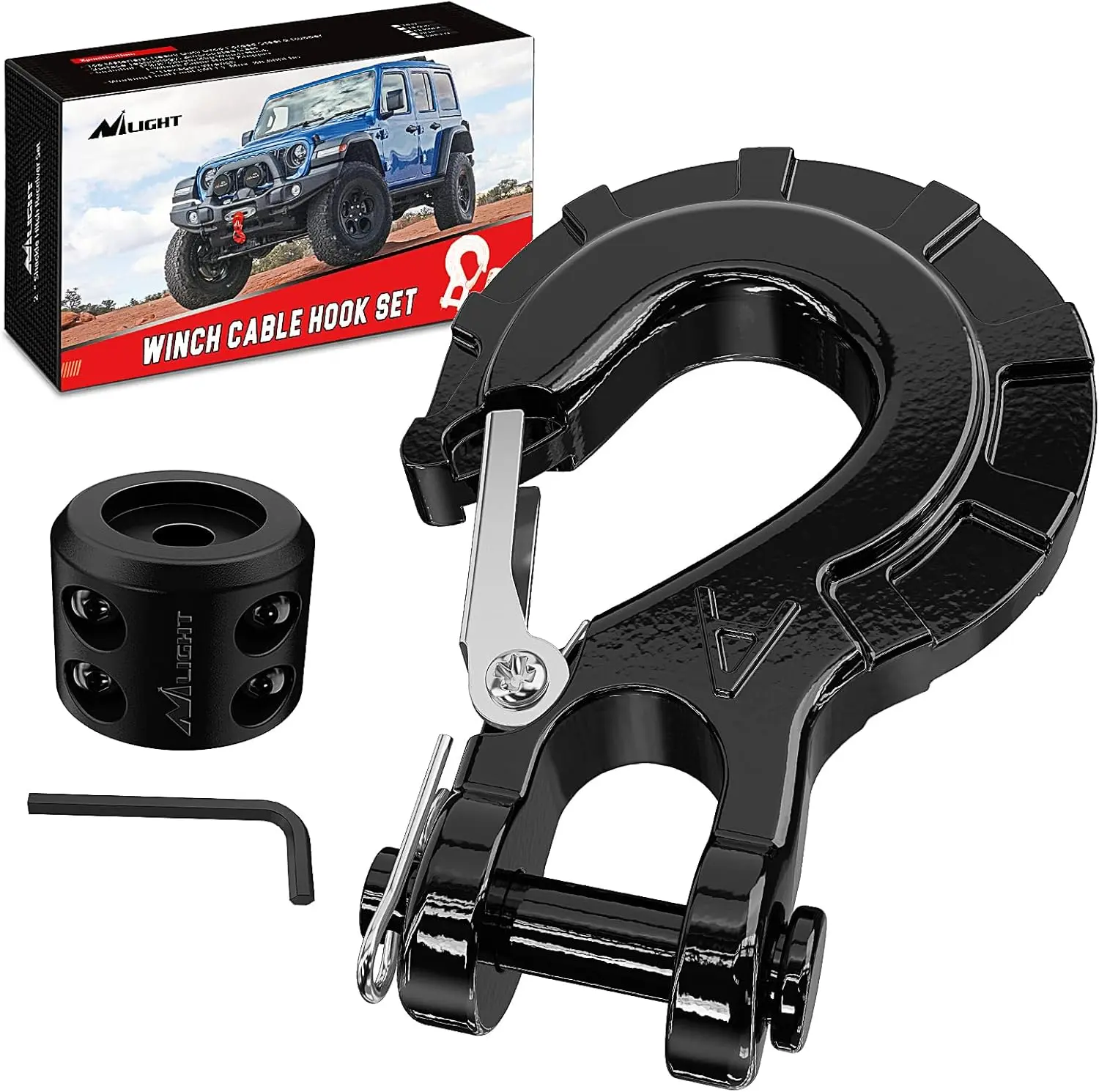 Nilight Forged Steel Winch Strap Hook Set - 3/8" Grade 70 Safety Latch Clevis Slip Hook, 35000 lbs Max Adjustable Rope Stopper, Allen Wrench Included for Automotive Tow Recovery