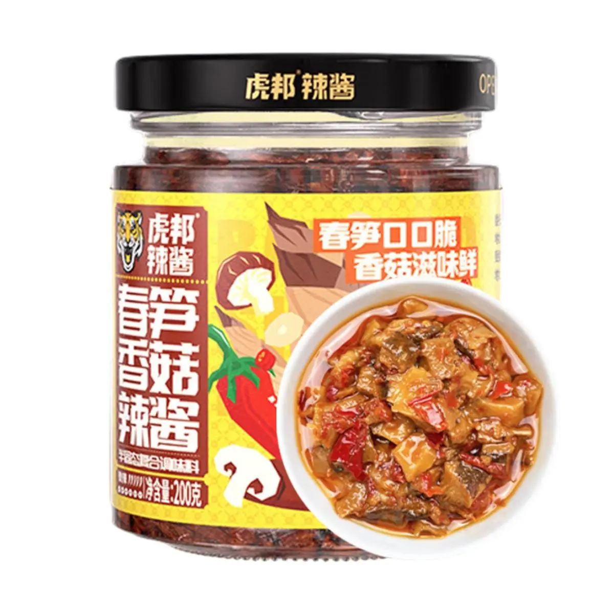 Tiger Bang Spicy Chili Crisp Sauce with Bamboo Shoots & Shiitake Mushrooms - 200g Jar | Savory Umami Flavor for Noodles, Rice, Stir-fries