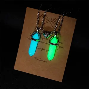 2Pcs/Set Luminous Hexagonal Column Heart Pendant Couple Magnetic Necklace Natural Stone Geometric Pendant Necklace Jewelry Gifts