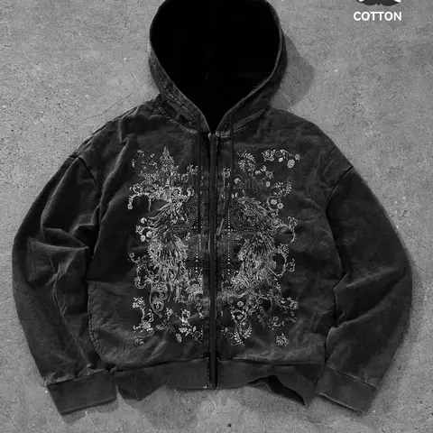 Men's Vintage Washed Cotton Long Sleeve Hoodie with Zipper, Gothic Baroque Floral Print, Breathable Comfort Fit, Casual Streetwear, Hooded Zipper Sweatshirt for Spring & Fall